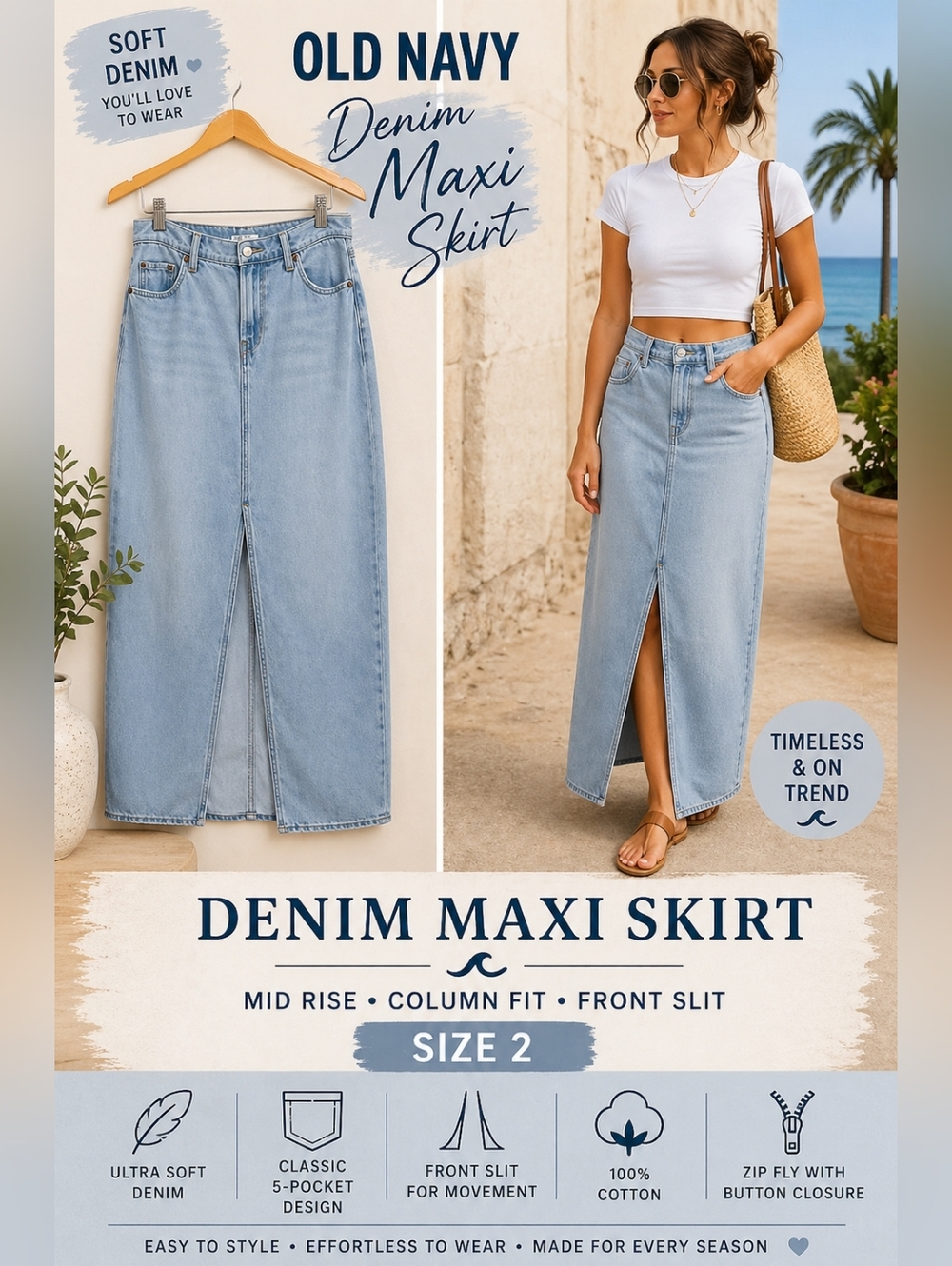 Old Navy Mid Rise Denim Maxi Column Skirt Maria Light Wash Size 2